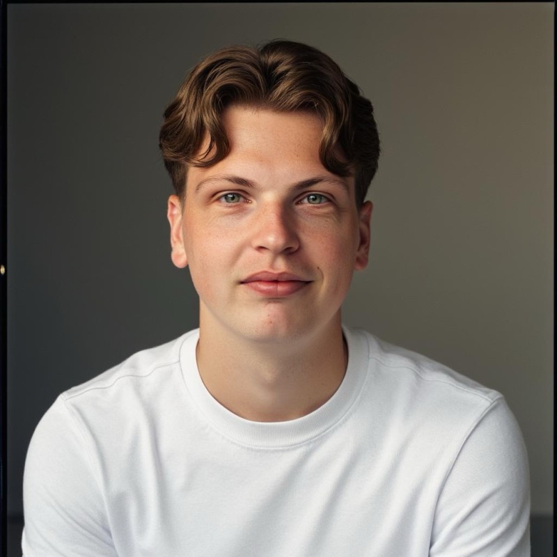Portret van een jonge man met bruin haar en blauwe ogen, kijkend naar de kijker.